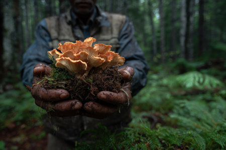 A person is holding a vibrant orange mushroom with dark soil and moss. The image displays a close-up perspective in a forest, capturing the textures of the natural elements. The lighting suggests daylight, while the composition may be suitable for editorial or commercial use.の素材