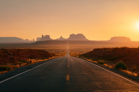 An empty road stretches into the distance, framed by low-lying desert terrain. The scene features a warm color palette with shades of orange and brown, lit by the sun. The road's composition guides the eye towards a hazy horizon. This image could be used for travel, landscape, or environmental themes.の素材