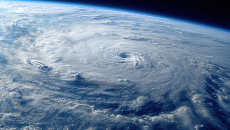A satellite view showcases a powerful atmospheric storm system, marked by swirling cloud formations. The image presents a macro perspective of the planet, showcasing its atmospheric layers and the vastness of space. It could be used in educational materials or for commercial purposes.の素材