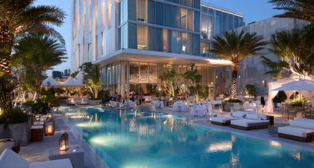 An exterior shot shows a modern hotel with a pool area and palm trees. The composition highlights the pool with lounging areas and outdoor seating. The overall aesthetic presents a contemporary structure under evening lighting. Potential uses include advertising, travel publications, or editorial content.の素材