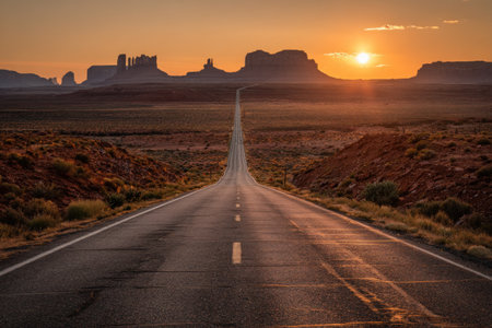 An expansive road stretches toward a distant horizon bathed in warm sunlight. The image showcases a straight asphalt path amid a desert landscape. The composition captures a sense of depth and journey with a clear sky. It could be utilized for travel brochures or visual media.の素材