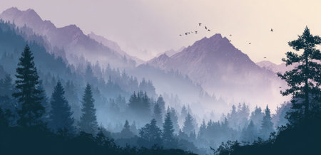 A landscape illustration features mountains shrouded in mist, with a forest of trees in the foreground. The composition utilizes a gradient of blues, purples, and whites, creating a dreamy effect. This serene image can be suitable for various applications, from website backgrounds to editorial illustrations.の素材
