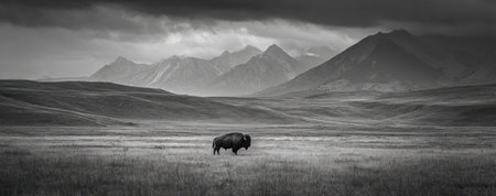 A solitary bison stands in a grassy field, its dark form contrasting with the monochrome landscape. The image features a dramatic sky and distant mountain range, creating a sense of vastness. This image could be used for editorials, website illustrations, or educational materials.の素材