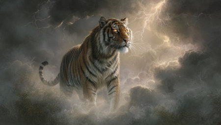 A solitary tiger stands prominently against a backdrop of dynamic cloud formations. The image displays a range of earthy tones and textures with dramatic lighting. The composition suggests a powerful presence. Suitable for various commercial and editorial applications, including promotional materials and illustrative content.の素材