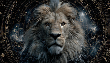 A detailed portrait showcases a lion with a striking mane, set against a dark background adorned with celestial symbols. The image features rich colors and detailed textures, suggesting a fantasy or mystical theme. Suitable for design projects, illustrations, or conceptual artworks, the composition provides a visually appealing graphic element.の素材