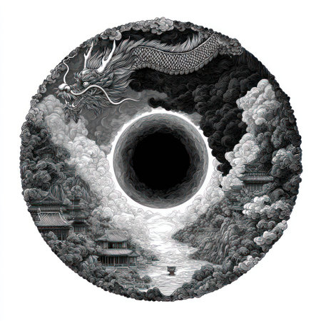 A monochrome illustration features a dragon circling a dark portal within a ring-shaped composition. The detailed artwork includes elements of clouds, mountains, and traditional buildings. Its intricate textures and contrasting tones create a sense of depth. This image might be suitable for design projects or thematic content.の素材