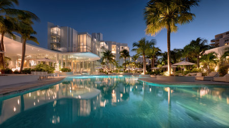 The image showcases a nighttime scene featuring a swimming pool reflecting illuminated palm trees and architectural structures. The composition presents a serene ambiance with soft lighting, a tranquil environment. Potential applications include travel brochures or marketing materials. The image is composed with symmetry.の素材