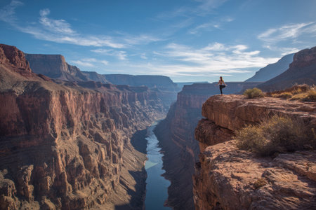 A person stands balanced on the edge of a canyon, arms outstretched. The wide vista of the canyon features deep rock formations and a river. The shot captures a daytime setting with natural lighting. This image is suitable for outdoor adventures and travel-related applications.の素材