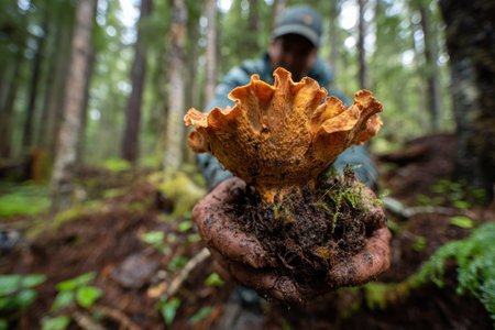 A person holds a large, orange-brown mushroom, exhibiting a textured surface. The mushroom is presented against the backdrop of a dense forest, with visible green foliage and blurred trees. The composition employs shallow depth of field, highlighting the mushroom. This imagery is suitable for environmental, educational, and botanical applications.の素材