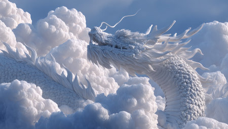 A stylized white dragon appears within a voluminous cloud formation. The artwork presents a soft, diffused lighting scheme, highlighting the texture of the creature and the clouds. This fantasy-themed image may be suitable for use in illustrations, concept art, or designs related to mythology and imaginative stories.の素材