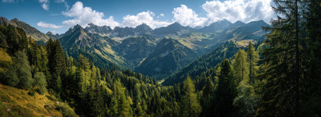 A panoramic view depicts a large mountain range with dense forests and a bright blue sky. The image showcases natural green and brown hues, with a focus on the textures and composition of the landscape. This photograph could be used for various editorial and commercial purposes.の素材