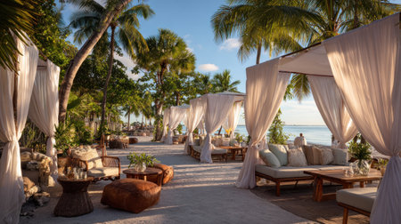 An outdoor seating area features white canopies over tables and seating arrangements. The scene is filled with lush green trees and plants, bathed in bright sunlight. This setting could be utilized for leisure, relaxation, or events. The composition and lighting suggest potential uses for advertising and editorial purposes.の素材