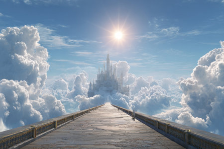 A long pathway leads towards a grand castle floating among voluminous white clouds under a radiant sun. The composition utilizes a symmetrical perspective, creating a sense of depth and ascension. The scene is bathed in soft, diffused lighting, suggesting a serene and ethereal environment. The image is suitable for use in fantasy-themed projects or conceptual designs.の素材