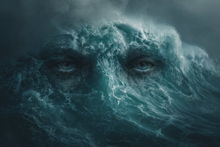 An artistic depiction presents a face emerging from churning ocean waves, with the face composed of textured water. The color palette features varying shades of blue and gray, with intricate details throughout. The composition is centered, lit in a moody fashion, potentially suitable for illustrative purposes, conceptual design or editorial content.の素材