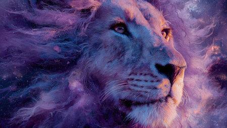 This image features a close-up portrait of a lion with a flowing mane against a backdrop of swirling purples and blues. The artwork showcases a detailed rendering of the animal with a focus on its facial features. Suitable for various commercial applications including promotional materials and design projects.の素材