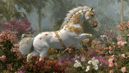 A white horse with intricate gold detailing is the focal point, set within a lush environment of colorful flowers. The artwork features a soft, romantic style with gentle lighting. This image could be suitable for various creative projects, including illustrations, design, and decorative purposes.の素材