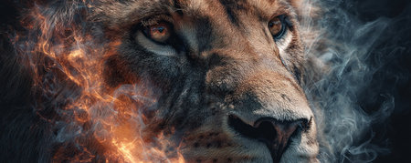 This image presents a striking portrait of a lion, with a stylized, fiery mane. The artwork incorporates elements of smoke and glowing embers. The composition offers visual interest, likely for conceptual or decorative uses. This could be used for various media and design projects.の素材