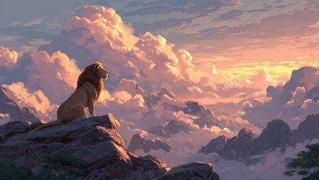 A regal lion sits atop a rocky outcrop, observing a vast vista under a vibrant sky. The scene is bathed in warm, golden light, highlighting textured clouds and distant mountains. This artwork could be used for various purposes, including advertising, illustrations, or educational materials, providing a visually compelling image.の素材