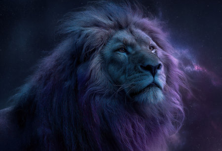 A detailed image features a lion with a dominant expression, accentuated by rich hues of purple and blue. The animal's fur is rendered in a soft, textured style. The artwork conveys a nocturnal setting with atmospheric lighting effects. Suitable for conceptual design, this image is adaptable for various commercial applications.の素材