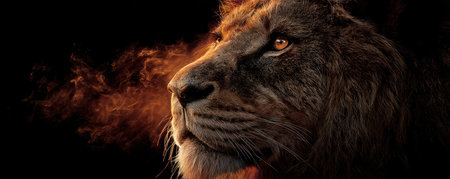 The image features a close-up portrait of a lion with a dark background, smoke emanating from the lion's mouth. The lion has visible fur detail and intense eyes, which creates a strong contrast. This image has strong lighting and could be used for commercial purposes.の素材