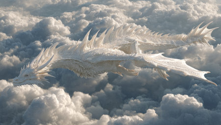 A fantastical image features a large, white dragon gracefully suspended within a sea of fluffy clouds. The creature's detailed form and spiky features are visible. The composition showcases a soft lighting ambiance. This image could be used for various creative projects, illustrations, or design elements.の素材