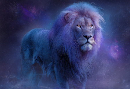 A striking portrait showcases a lion with a stylized mane and fur, illuminated by vibrant blue and purple hues. The artwork presents a soft, diffused lighting effect against a dark, dreamy backdrop. This visually rich image is suitable for diverse commercial applications, including decorative prints and digital content creation.の素材
