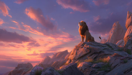 A lion stands proudly on a rocky peak, silhouetted against a vibrant sunset. The scene features warm tones of orange and purple in the sky, complementing the lion's golden mane. The image exhibits a digitally rendered style and could be used for various commercial purposes, including illustration or graphic design.の素材