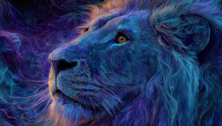 This image features a close-up portrait of a lion, showcasing its features with artistic flair. The lion's fur and mane are rendered in vivid shades of blue, purple, and orange. The composition and style suggest digital artwork, ideal for creative projects and design purposes. The lighting creates an atmosphere of mystery and allure.の素材
