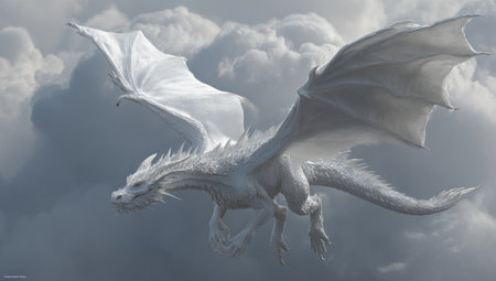 A large, white dragon flies among billowing clouds in this imaginative illustration. The creature exhibits textured scales and outstretched wings, rendered in a soft, realistic style. The sky provides a dreamy backdrop, illuminated by diffused light. This image could be used for book covers, digital art, or fantasy-themed projects.の素材