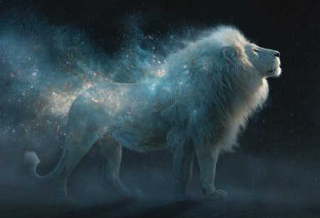 A white lion stands, its body partially dissolving into a celestial display of light. The image features a dark background, highlighting the creature's ethereal glow and detailed fur texture. The composition utilizes dramatic lighting, suggesting a fantasy setting suitable for various creative applications.の素材