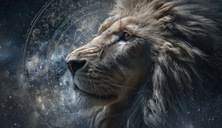 A regal lion's profile is depicted against a backdrop of a celestial map and starry elements. The artwork features a blend of warm and cool tones, detailed textures, and dramatic lighting. Suitable for conceptual designs, this illustration could be used for various commercial or editorial projects.の素材