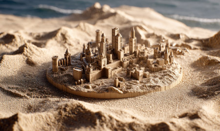 A detailed miniature city made of sand is centered on a sandy beach, with the ocean and dunes in the background. The art style has a soft focus with warm brown tones and a low angle shot. This image may be used for travel, tourism, or fantasy-themed projects.の素材