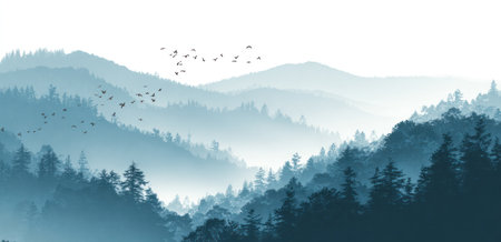 A serene landscape depicts rolling hills and trees in shades of blue and teal. The composition features layered depths, suggesting a misty atmosphere. Small birds are scattered above, and the illustration may be suitable for a variety of commercial projects.の素材