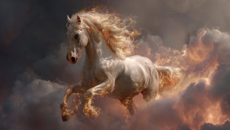 A stunning visual of a white horse in mid-gallop, its flowing mane and tail ablaze with fire-like light. The horse is set against a backdrop of dramatic, swirling clouds, creating a sense of movement and fantasy. The artwork's composition and lighting enhance its suitability for creative projects and conceptual illustrations.の素材