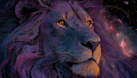A close-up portrait depicts a lion with a flowing mane, rendered in shades of blue and purple. The artwork features a dark background with celestial details. The image showcases a blend of realistic and fantasy elements, suitable for various commercial and illustrative purposes.の素材