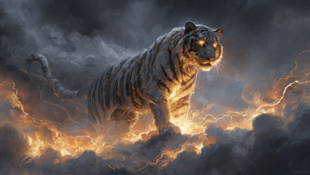 A large tiger is depicted amidst dark storm clouds and fiery elements. The artwork utilizes a dramatic lighting scheme with contrasting colors and textures. This composition evokes a sense of power and fantasy, ideal for promotional material or conceptual designs. The visual style is suitable for various commercial applications.の素材