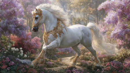 A white horse with a flowing mane and tail is depicted in a vibrant, lush environment. The composition features soft lighting and a dreamy aesthetic, with the horse as the focal point. The artwork uses delicate textures and a rich color palette. Suitable for various commercial and editorial applications.の素材