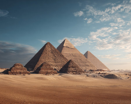 The image showcases several pyramids standing in the desert under a bright blue sky with light cloud coverage. The composition features detailed stone structures set against a vast expanse of sand. Suitable for travel, history, or cultural presentations, the scene evokes a sense of wonder and ancient civilization.の素材