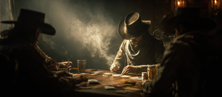 A scene featuring men engaged in a card game, set within a dimly lit interior. The composition uses chiaroscuro lighting with a focus on the players and the table. Shadows and smoke enhance the dramatic ambiance. Suitable for commercial and editorial use, this image suggests intrigue and suspense.の素材