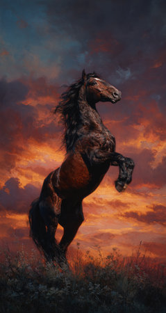 A powerful horse rears up, silhouetted against a dramatic sunset. The image showcases rich colors of orange, red, and hints of blue. The style suggests a painting or illustration, with textured strokes. The composition is vertical, suitable for editorial or commercial applications.の素材