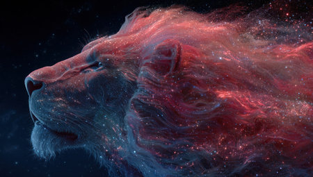 This image depicts a lion's profile, its mane and features rendered in vibrant cosmic colors of red, blue, and pink. The artwork emphasizes a visual contrast against the dark background. The overall style suggests a blend of digital art and surrealism, offering appeal for creative and illustrative needs. The image would suit various commercial and editorial projects.の素材