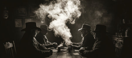 A sepia-toned image shows men seated around a table, possibly playing cards, with steam or smoke rising prominently. The composition is dramatic, with strong lighting and shadows. The scene evokes a sense of history and could be used in editorial pieces or commercial projects. The visual style is moody and the atmosphere is mysterious.の素材