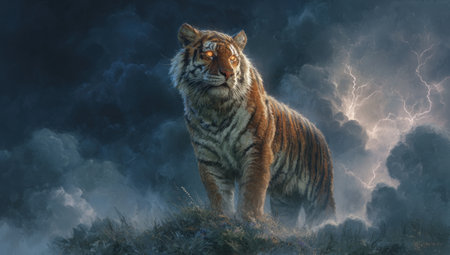 A tiger stands on a rocky surface, illuminated by an intense light amidst a dramatic, cloudy sky. The image showcases the animal's orange and black striped fur. The composition is dynamic, with a blend of dark and bright elements, suitable for various design and editorial projects.の素材