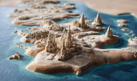 A miniature landscape displays intricate architectural structures on a sandy terrain, bordered by turquoise water. The composition features various buildings in beige and brown tones, with highlights enhancing the textured surfaces. The scene appears to be bathed in bright, natural light. This image is suitable for a range of design or illustrative applications.の素材