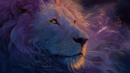 A regal lion, rendered in a soft, artistic style, is the focal point, its gaze intense and captivating. The image features a blend of blues, purples, and gold. The composition emphasizes the lion's head and mane. Suitable for various commercial purposes, it evokes fantasy and wonder.の素材