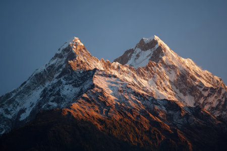 Two towering mountain peaks are captured in this image, their snowy surfaces catching the warm light of the sun. The composition displays dramatic shadows, emphasizing textures and forms against a deep blue sky. Suitable for commercial projects, the photograph evokes a sense of nature's scale and grandeur.の素材