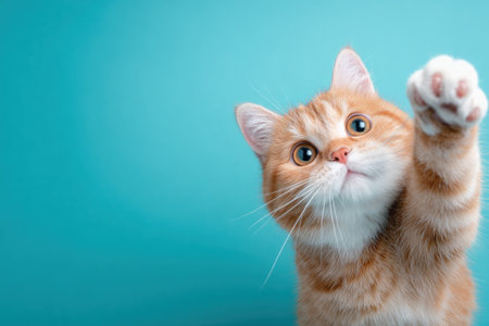 An orange and white cat is depicted with one paw raised, as if reaching out. The feline's fur displays a pattern of stripes, while the background is a solid turquoise. The lighting is even, highlighting the cat's features. It could be used for various design projects or advertising purposes.の素材