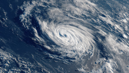 An aerial view showcases a large hurricane, its swirling pattern dominating the scene. The image displays shades of white, grey, and blue. Its composition suggests an overhead perspective, providing a detailed glimpse of the atmospheric phenomenon. This could be used for illustrating weather events, or related scientific topics.の素材
