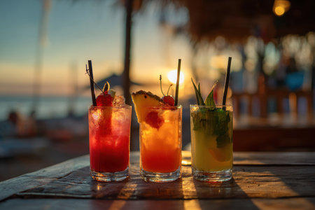 Three colorful cocktails are presented in clear glasses on a wooden surface. The beverages feature varied fruit garnishes and straws. Warm sunlight filters through the background, suggesting an outdoor setting near a beach or ocean. This image could be suitable for promotional or lifestyle content.の素材