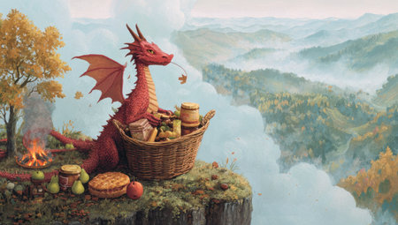 A red dragon sits beside a picnic basket overflowing with food, overlooking a mountain range shrouded in mist. The illustration features warm colors, soft textures, and gentle lighting, suggesting a serene outdoor setting. This artwork could be used for fantasy-themed stories, illustrations, or commercial projects, providing a whimsical touch.の素材